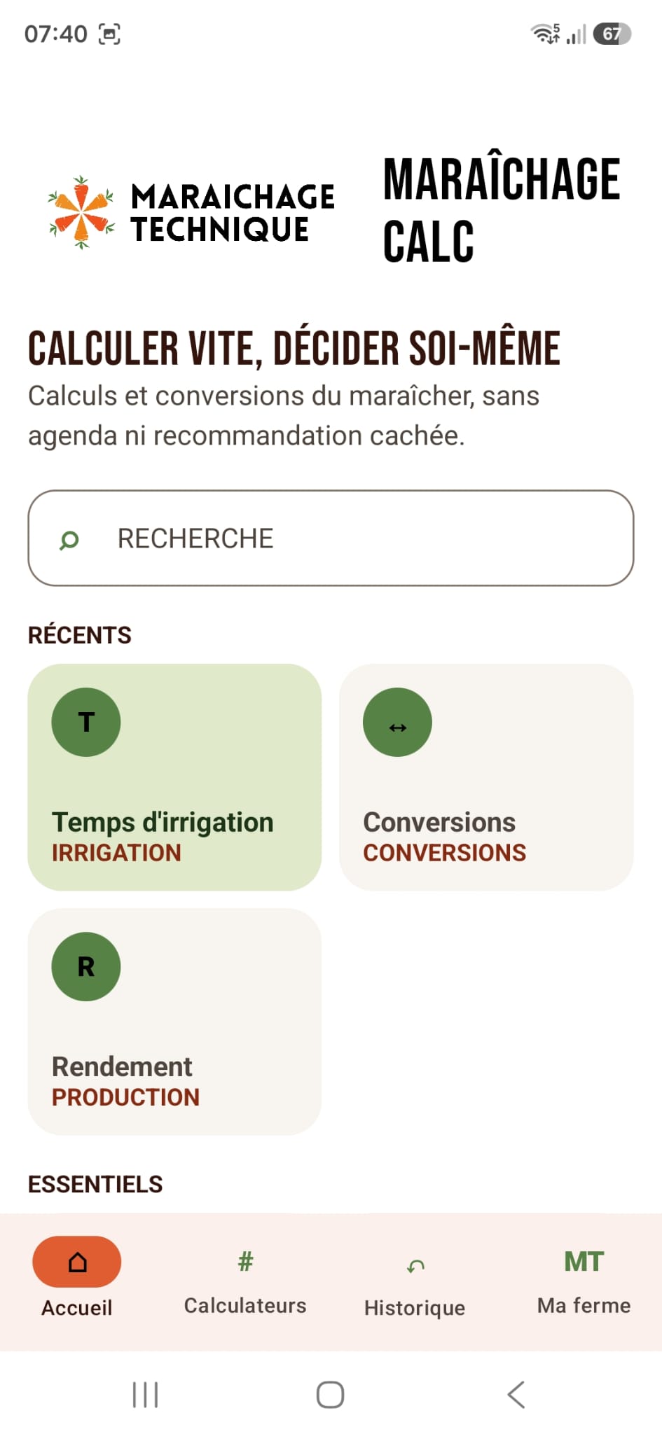 Écran d’accueil de Maraîchage Calc avec les calculateurs récemment utilisés