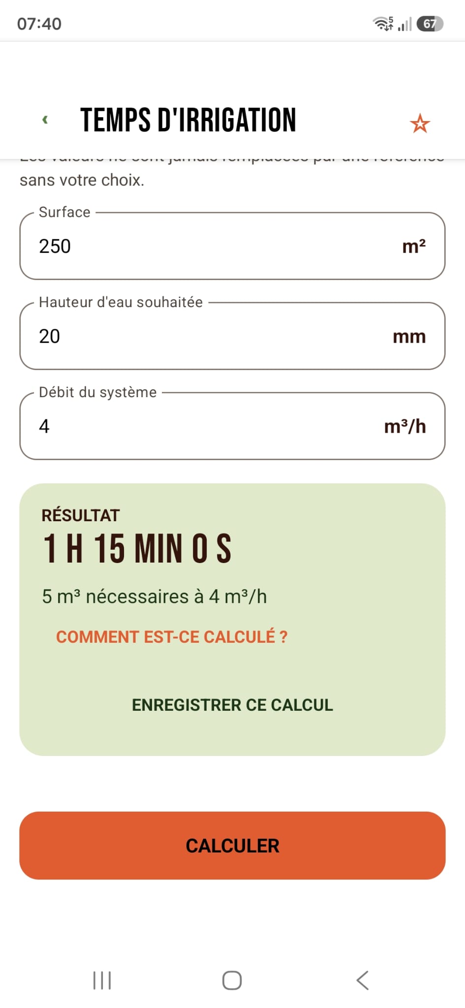 Calcul du temps d’irrigation dans Maraîchage Calc