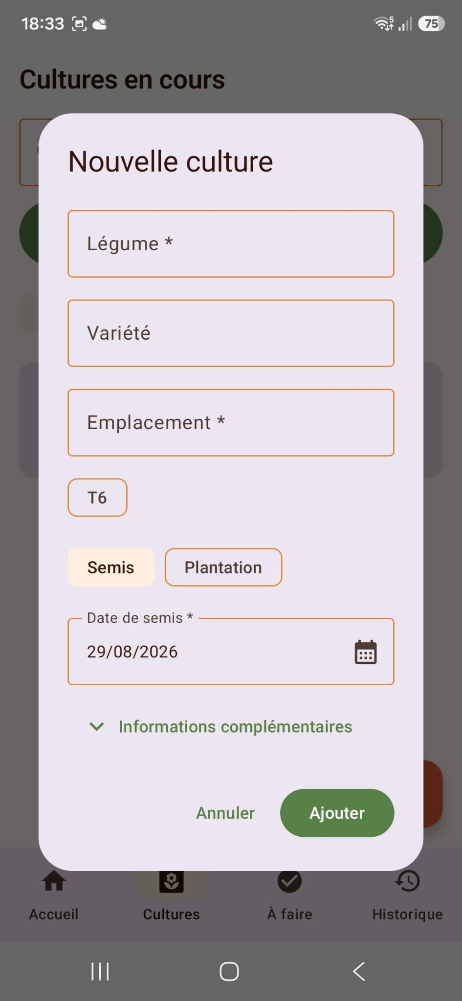 Formulaire de création d’une nouvelle culture dans MémoCulture