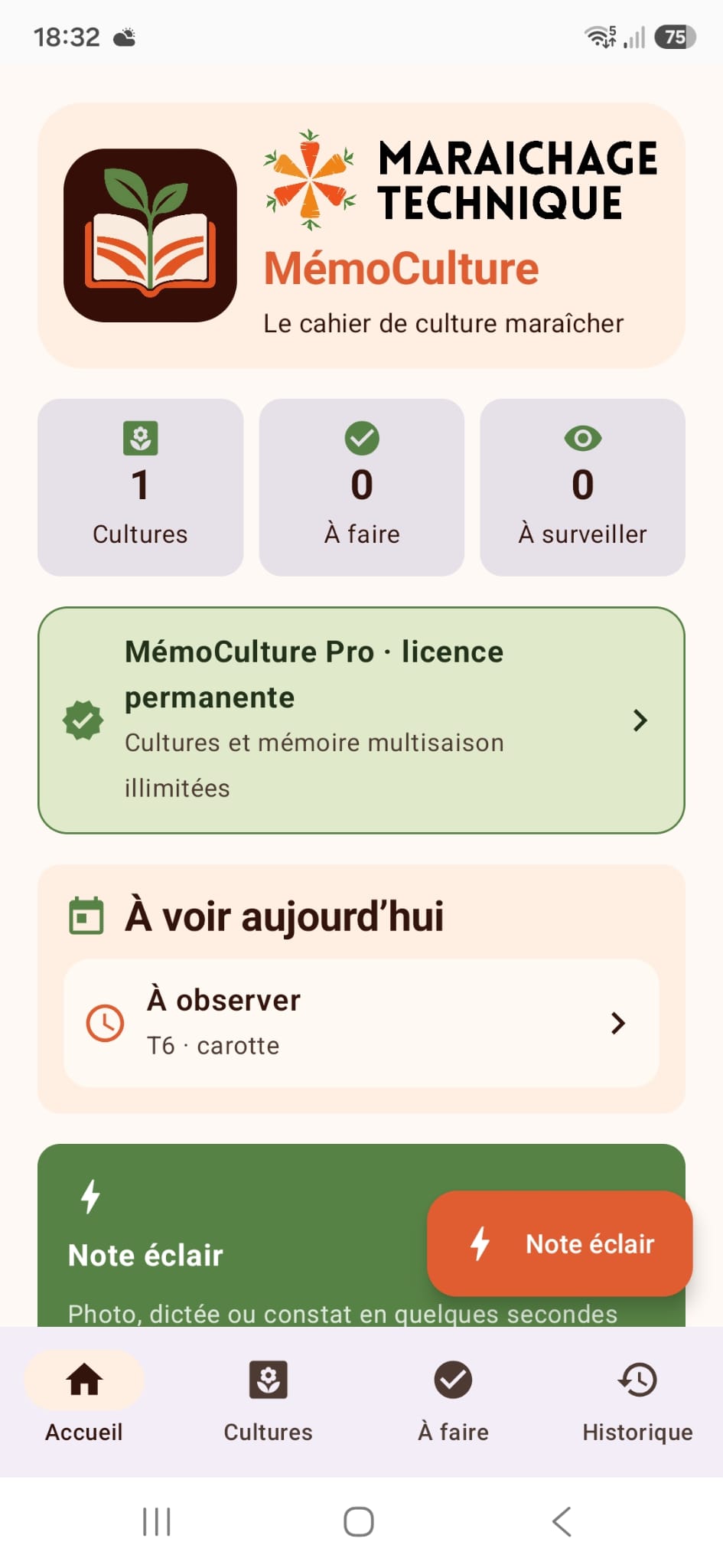 Capture d’écran de MémoCulture présentant le tableau de bord du cahier de culture