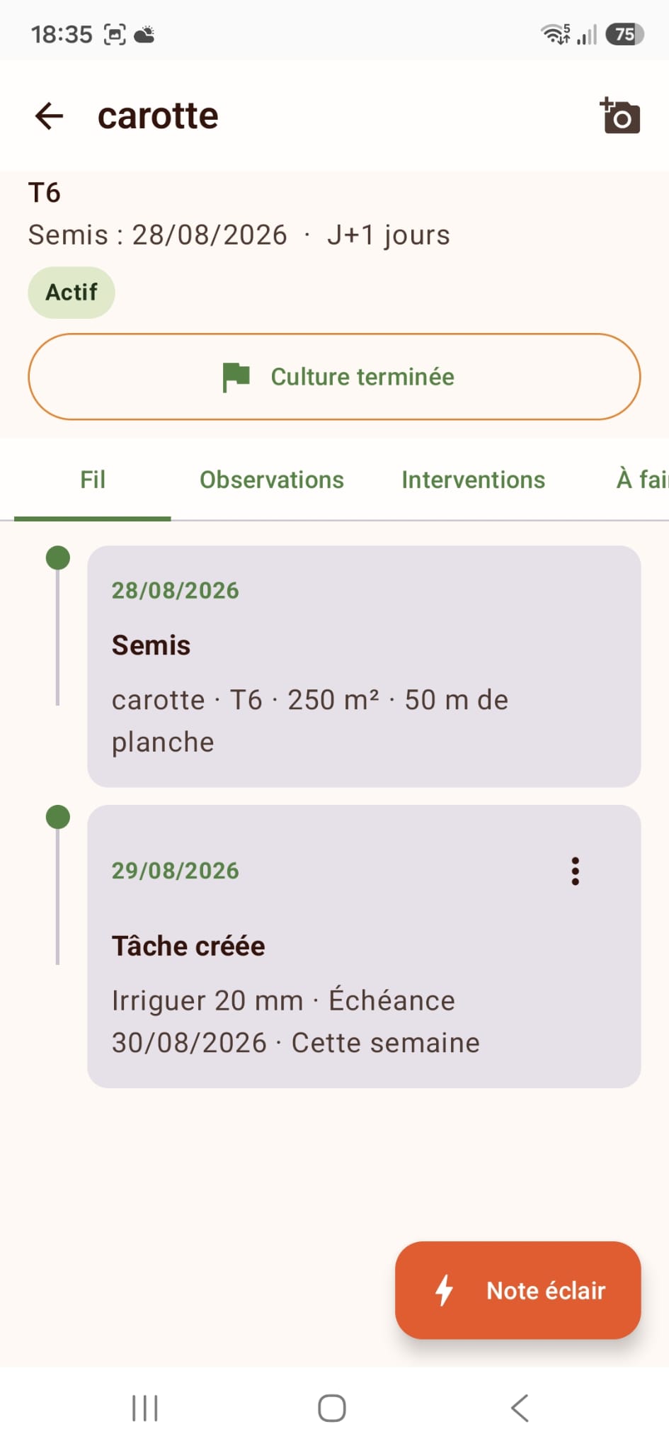 Fil chronologique d’une culture de carottes dans MémoCulture