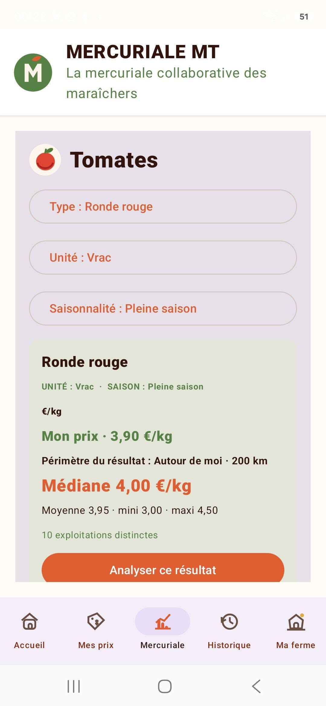 Capture d’écran de Mercuriale MT présentant les prix des tomates